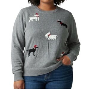 CJ Banks Festive Dog Sweater Gray Women’s Plus 1X Holiday Christmas‎ Dog lover